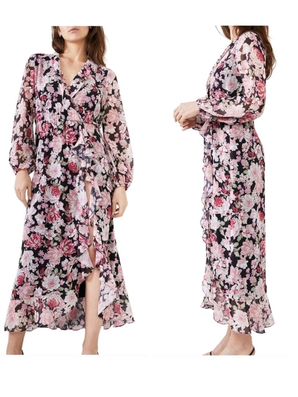 Bardot Floral Garden Justine Surplice Chiffon Ruffle High Slit Dress | Size 4